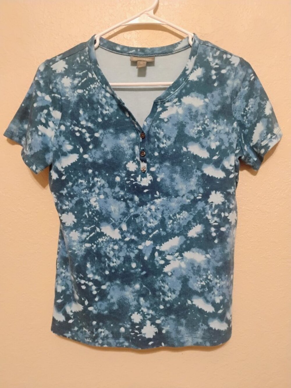 Style & Co PS Petite Small Blue Tie Dye Henley T-Shirt Short Sleeve